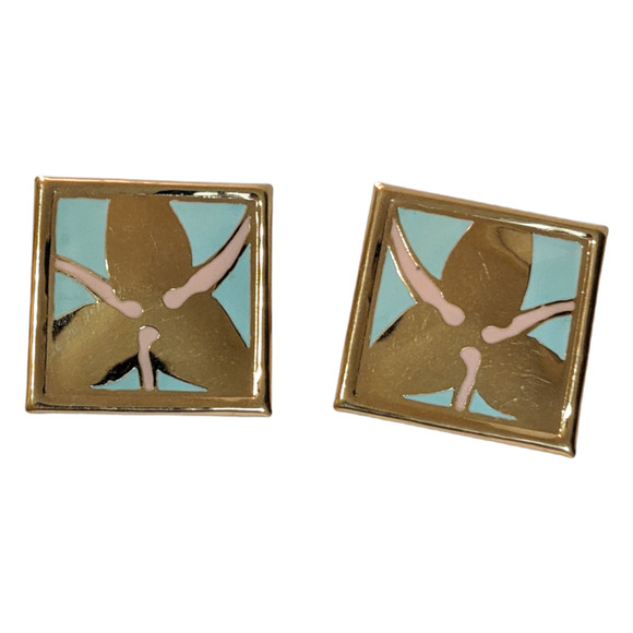 Vintage 80s Statement Earrings Large Gold Tone Metal Enamel Square Signed L Bott - Picture 1 of 7